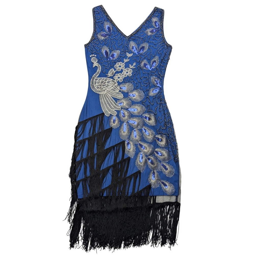 Babeyond Peacock Flapper Dress Womens S Blue Beaded Fringe Gatsby Party
